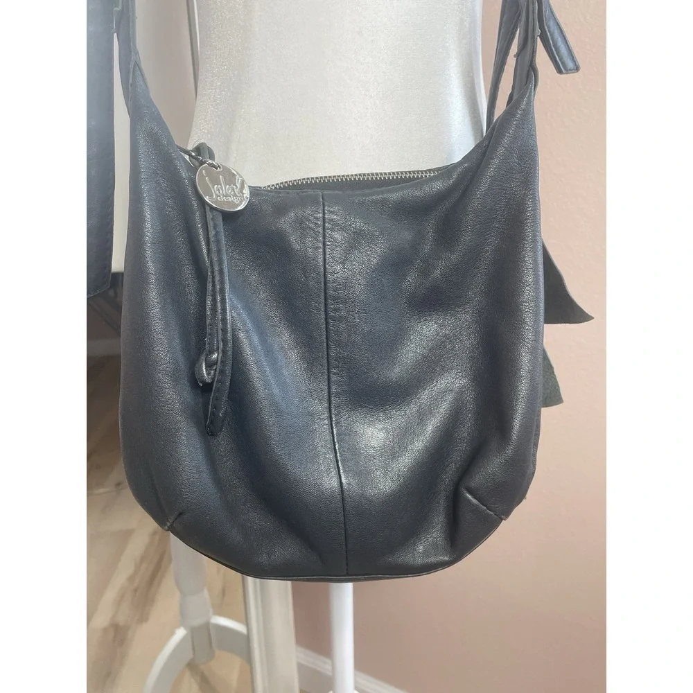 Jola V Designs‎ Black Leather Ruffle Crossbody Bag Boho Slouchy Shoulder Purse